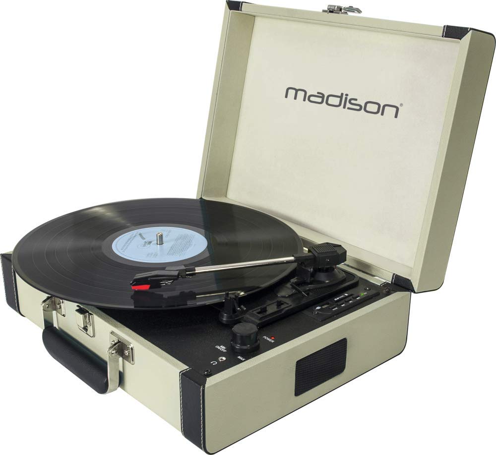 Madison - Mad-RETROCASE-CR - Estuche para Tocadiscos Retro (33, 45, 78 RPM) con Altavoces incorporados, Bluetooth, USB, SD - Adaptador de 45 RPM Incluido - Cuero Azul Claro
