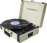 Madison - Mad-RETROCASE-CR - Estuche para Tocadiscos Retro (33, 45, 78 RPM) con Altavoces incorporados, Bluetooth, USB, SD - Adaptador de 45 RPM Incluido - Cuero Azul Claro