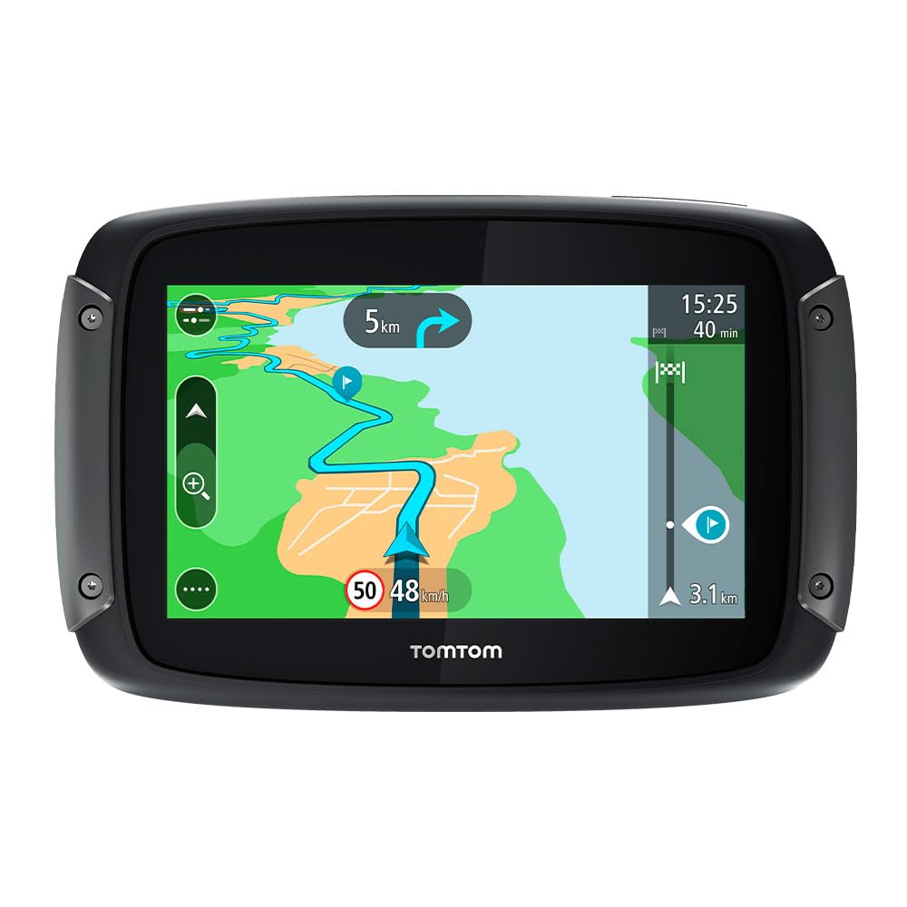TomTom GPS para motocicletas Rider 50 (4,3 pulgadas con carreteras montañosas, actualizaciones mediante Wi-Fi, info tráfico en tiempo real, Radares de tráfico para 3 meses, 24 mapas)