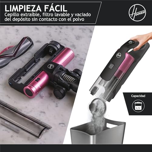Hoover HF9 Home HF920H, Aspiradora Escoba sin Cable, sin Bolsa, 3 en 1, Escoba, de Mano y Vertical, Cepillo Antienredos, Autonomía 60 min, Color Gris/Rosa