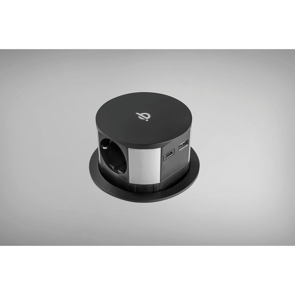 Ekotech Enchufe retráctil ET115 – Torre con función de carga QI USB-C & A y 3 enchufes Schuko 230 V, aluminio negro