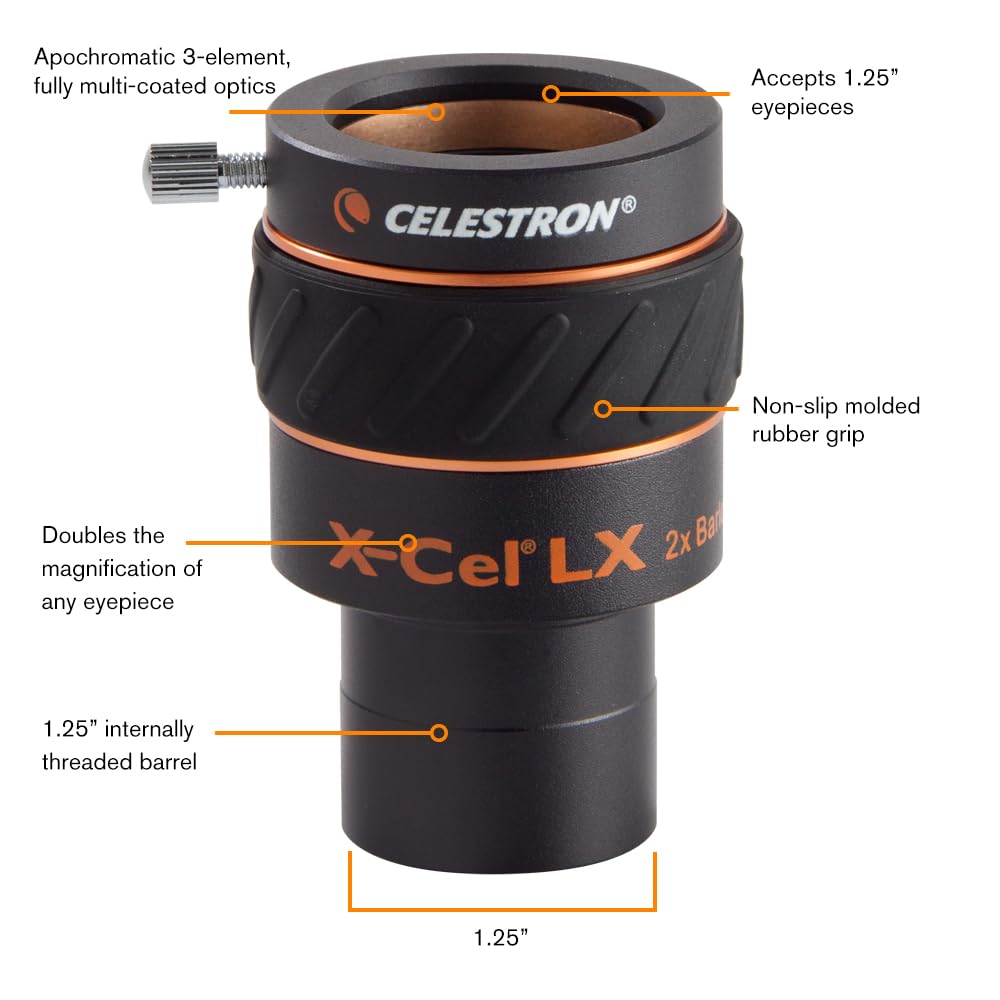 Celestron 93529 1.25" X-Cel LX: lentes Barlow 2x, negro
