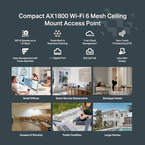 TP-Link Festa F61 Punto de Acceso WiFi 6 Dual-Banda AX1800, Montaje en Techo, 1× Puerto PoE Gigabit, Gestión centralizada en la Nube Gratuita, Configuración y Uso fáciles, sin Necesidad de IT