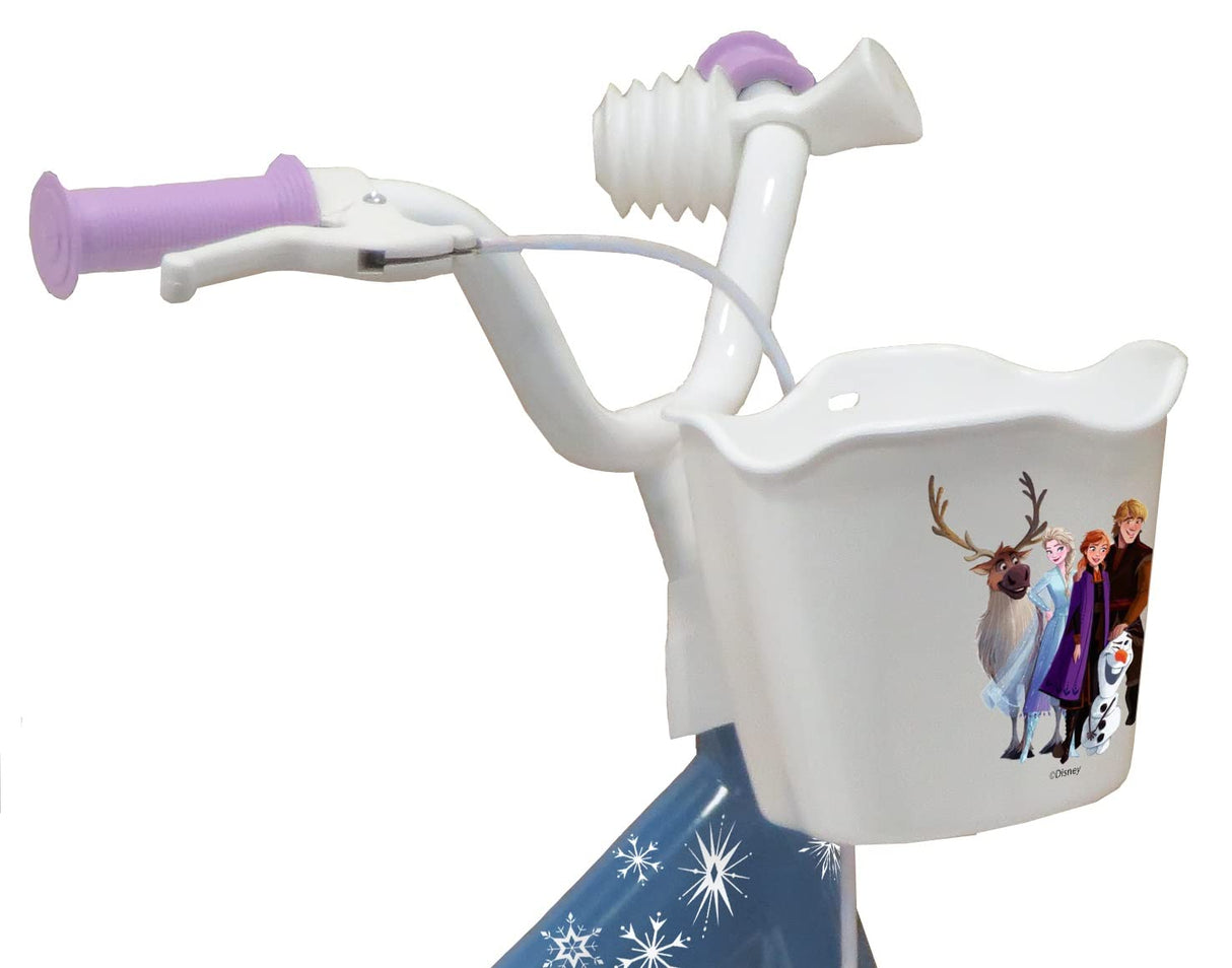 Vélo ATLAS Bicicleta de 12 Pulgadas para niña, diseño de Frozen, con 1 Freno, Cesta Delantera, portamuñecas traseras, Guardabarros, cárter y estabilizadores, Niñas, Azul Celeste, 12''