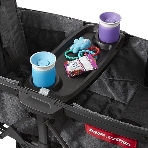Radio Flyer Voya Stroller Wagon, Cochecito Doble, 2 Asientos Altos Cara a Cara, toldo Ajustable con protección UV, Bandeja para Aperitivos, Gris