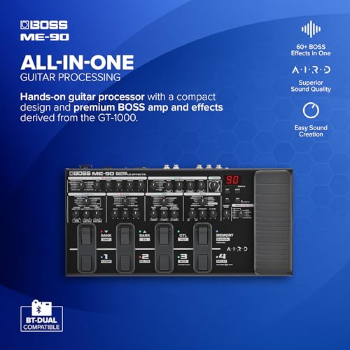 Multiefectos de guitarra BOSS ME-90 | Procesador de guitarra todo en uno | 11 modelos de ampli AIRD integrados | 60 efectos procedentes del GT-1000 | 8 conmutadores de pedal multifunción