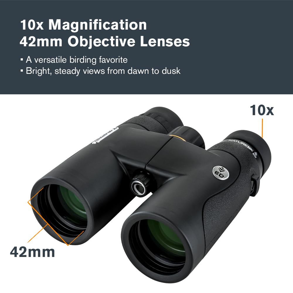 Celestron 72333 Nature DX ED 10x42: prismáticos con lentes objetivo con dispersión baja, exteriores y aves, revestimiento múltiple completo y prismas BaK-4, carcasa revestida resistente al agua y vaho