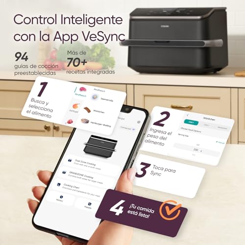 Cosori Freidora de Aire Grande-True Acero Inox-4 Resistencias Dual Blaze TwinFry 10 L-Flexible Doble Cesta Air Fryer 2800 W- Smart WIFI Control– 66 % Eficiencia Energética-6 en 1-Máx 10 Personas
