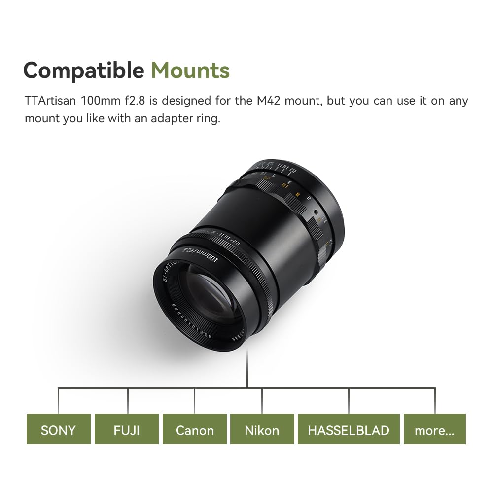 TTArtisan Lente de Cuerpo de Metal F2.8 (Bubble Bokeh) de 100 mm Compatible con Montura M42, Color Negro