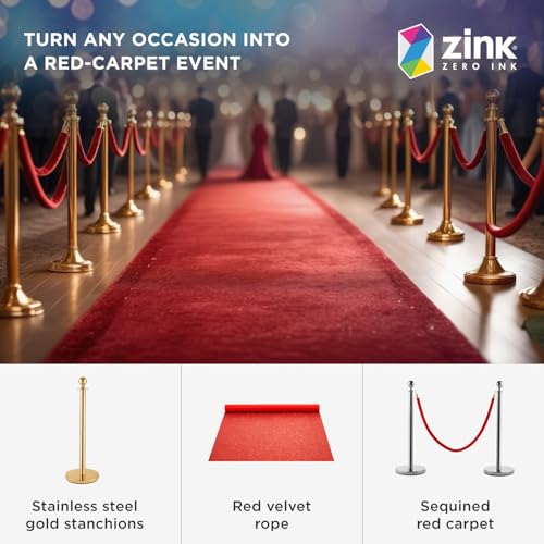 Zink Paquete de Alfombra Roja Zink - 4 Postes Dorados de Acero Inoxidable de 90 cm con Cuerda de Terciopelo de 1,5 m para Fiestas, fotomatones, Bodas, teatros, etc.