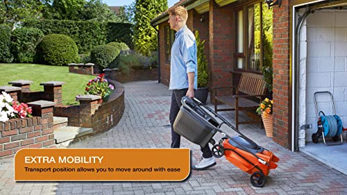 Flymo EasiStore 380R - Kit de cortacésped con batería Li, 36 V, 38 cm de Ancho de Corte, Corte de Borde cercano, Rodillo Trasero, 45 L, Power 4 All Battery Alliance, 970538501, Naranja y Gris