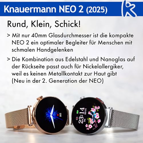 Knauermann Neo 2 (2025) – Oro Redondo – Reloj de Salud Smartwatch – ECG – Función HRV – BT Bluetooth – Apnea del sueño – Presión Arterial – Correa de Piel de Vacuno Negra, Durchmesser: 40 mm,