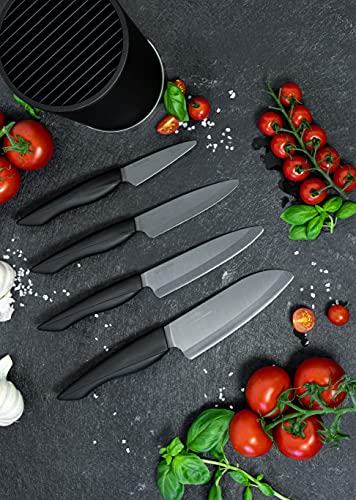 KYOCERA Juego de cuchillos de cerámica negro con cuchillo de pelar, cuchillo multiusos, cuchillo universal y cuchillo Santoku y bloque de cuchillos redondo para 8 cuchillos, KB-RD BK 4KN ZK EU