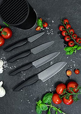 KYOCERA Juego de cuchillos de cerámica negro con cuchillo de pelar, cuchillo multiusos, cuchillo universal y cuchillo Santoku y bloque de cuchillos redondo para 8 cuchillos, KB-RD BK 4KN ZK EU