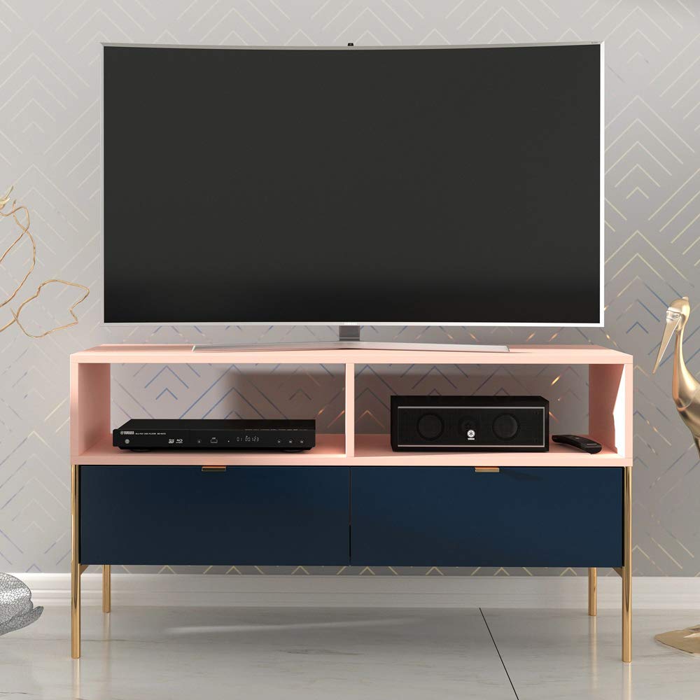 Selsey Mueble de TV, Color Azul Oscuro/Rosa/Estructura de Metal Dorada, 120 x 65 x 37