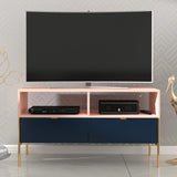 Selsey Mueble de TV, Color Azul Oscuro/Rosa/Estructura de Metal Dorada, 120 x 65 x 37