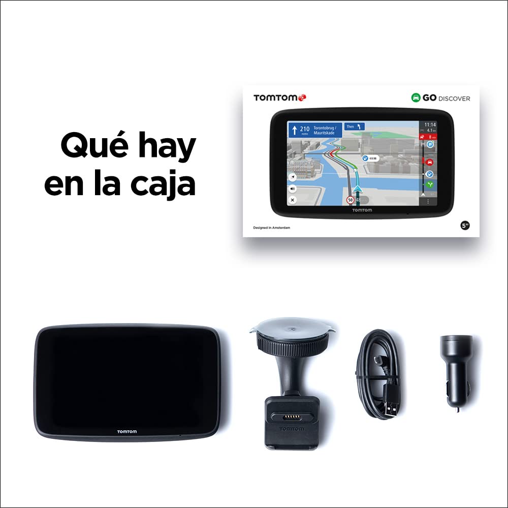 TomTom GPS para Coche GO Discover, 5 Pulgadas, con tráfico y radares, mapas del Mundo, actualizaciones rápidas Via WiFi, disponibilidad de Parking, Precios de Combustible, Soporte Click-Drive