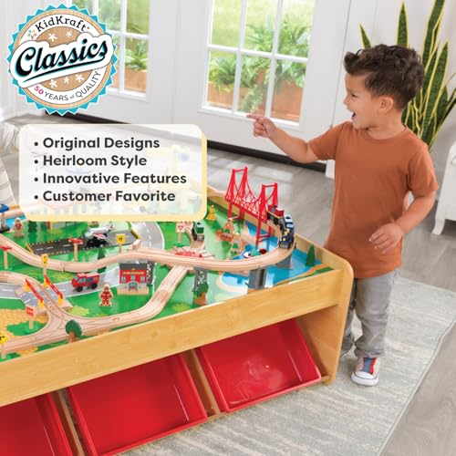 KidKraft Juego de Tren y Mesa de Madera Waterfall Mountain con Cajas de Almacenamiento, Circuito de ferroviarias con Coches, helicóptero y avión de Juguete niños 3+ años (17850)