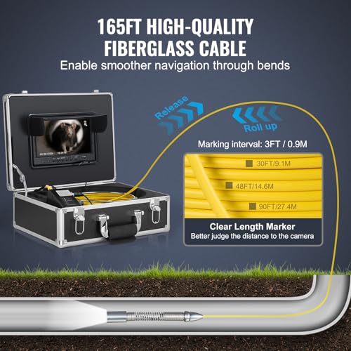VEVOR Cámara de Alcantarillado con Localizador 512 Hz, 50 m, Cámara de Inspección de Drenaje con Nivelación Automática, Zoom 36X, 12 LED, Tarjeta 32 GB, para Tuberías de Conductos, 320 x 390 x 155 mm