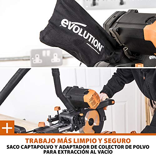 Evolution Power Tools R255SMS-DB ingletadora, Sierra ingletadora deslizante multimaterial de 255 mm, con doble bisel y paquete plus, hasta 300 mm x 90 mm, 5° a izquierda y derecha, inglete de 50°
