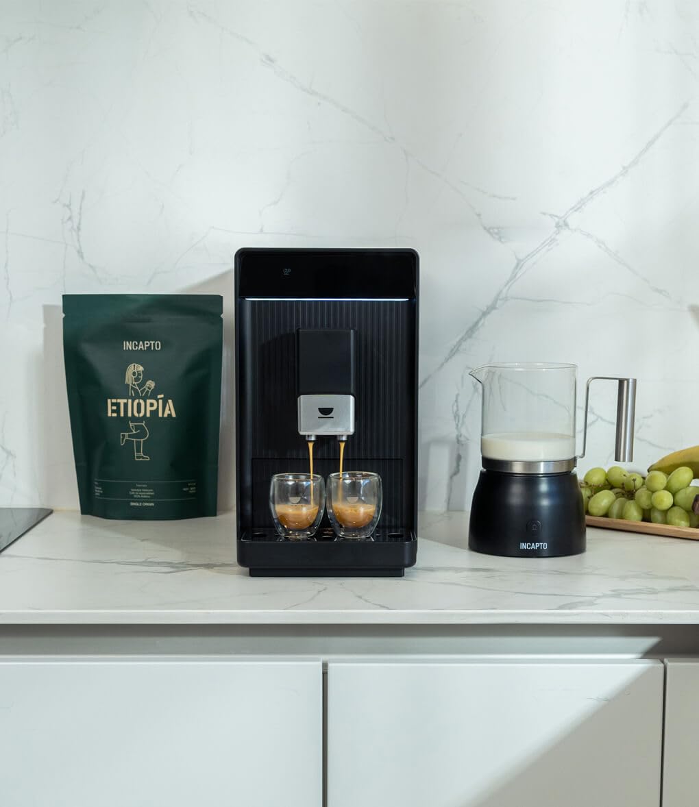 Incapto Aura Cafetera Superautomática | 19 Bares | Botón Doble Espresso | Cafetera de Grano Compacta y Diseño Elegante | Molinillo Regulable | Limpieza automática | Múltiples recetas (Negro)
