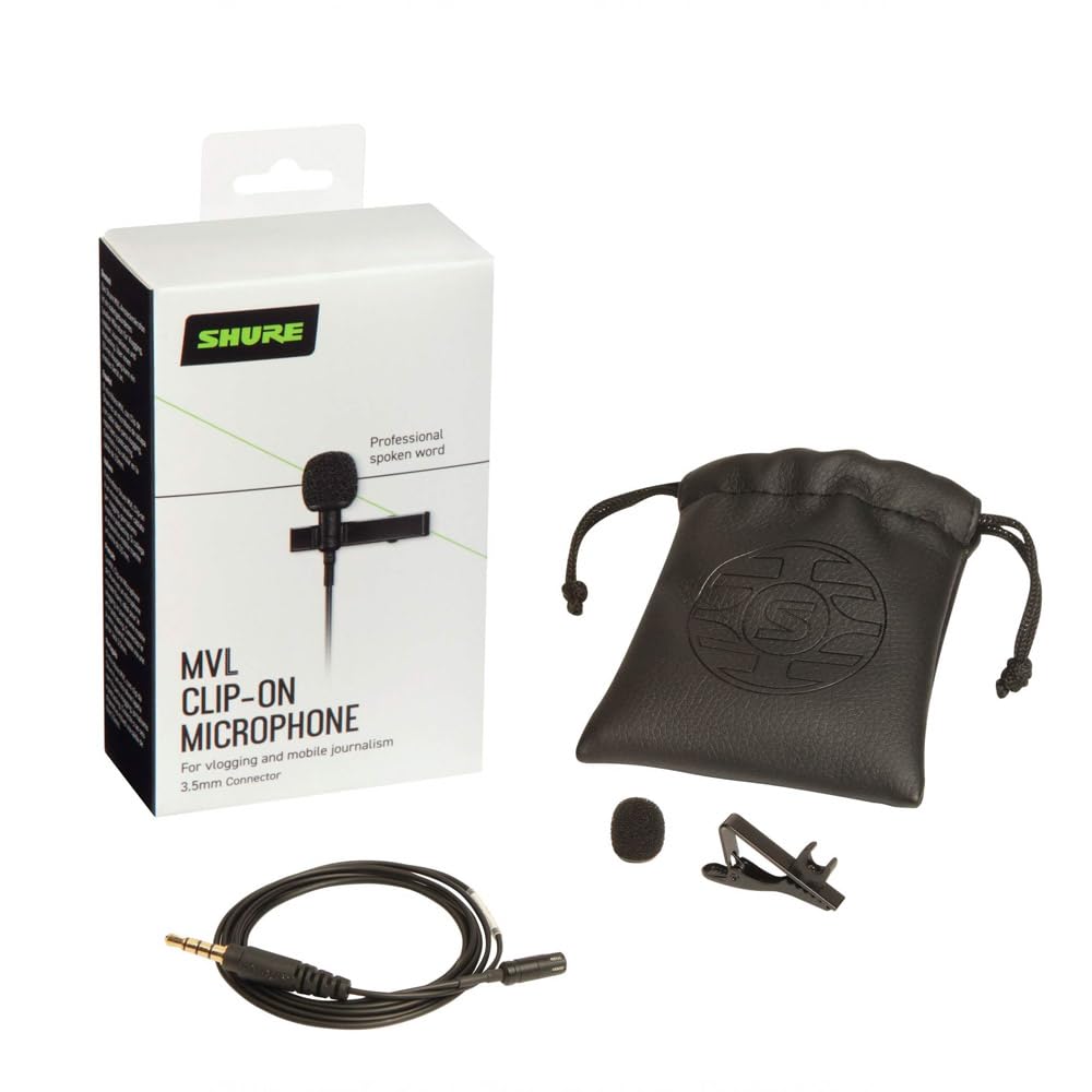 Shure MVL Micrófono Lavalier para iPhone y tableta - Clip externo en el micrófono de la solapa mini para grabación de video y vlogging con conector de 3.5 mm, parabrisas, soporte y bolsa de transporte