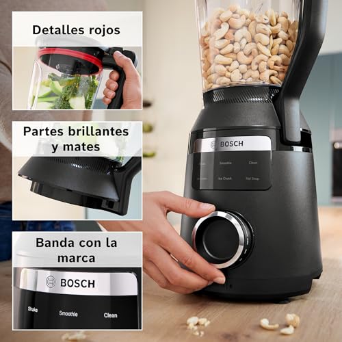Bosch, batidora de vaso MMB6652B, VitaPower Serie 6, motor de 1800 vatios, velocidad del motor de hasta 45.000 rpm, 6 programas automáticos, jarra batidora Tritan, negro
