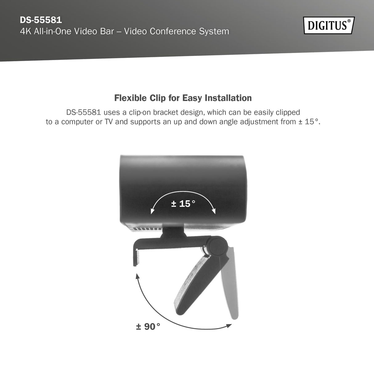 DIGITUS DS-55581 Video Bar Mini, Sistema de videoconferencia - Cámara Webcam 4K UHD 30 Hz ePTZ - 2 Micrófonos internos - Altavoz Interno 2 W - Autoenfoque y Zoom, Cancelación de Eco