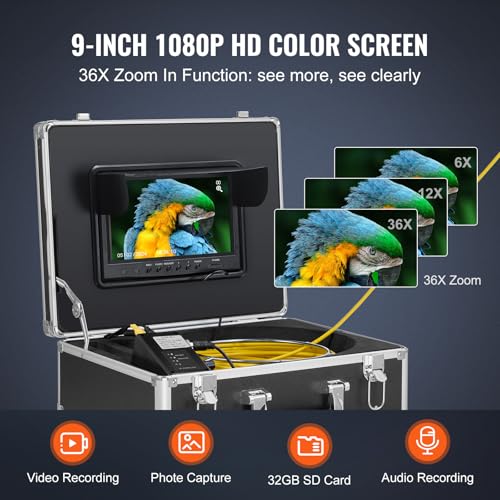 VEVOR Cámara de Alcantarillado con Localizador 512 Hz, 30 m, Cámara de Inspección de Drenaje con Nivelación Automática, Zoom 36X, 12 LED, Tarjeta 32 GB, para Tuberías de Conductos, 320 x 390 x 155 mm