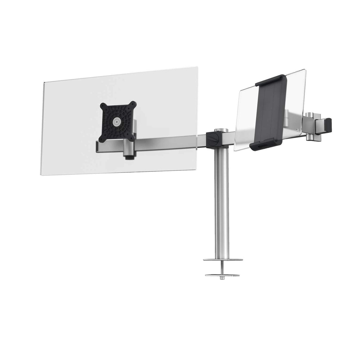 Durable Soporte de mesa Pro para 1 monitor de 21-27" y 1 tableta de 7-13", con paso de mesa, giratorio en 360°, inclinable, ajustable en altura, 508823, plata