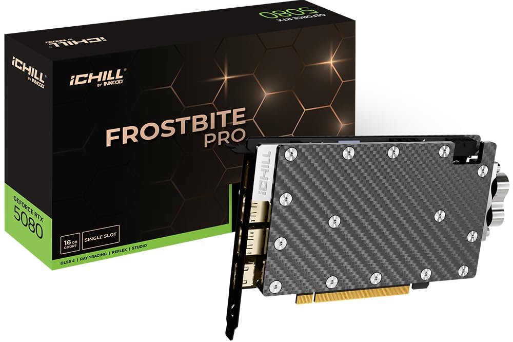 INNO3D GeForce RTX 5080 iCHILL Frostbite Pro, 16 GB GDDR7, 256-bit, 2295 MHz, DisplayPort 2.1b, HDMI 2.1b, PCI Express Gen 5