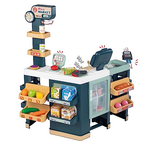 Smoby- Supermercado Maxi con Carrito- Caja Registradora Sin Función Real, Zona de Embolsado, Lector de Código de Barras, Balanza, Frigorífico y 50 Accesorios, Juguete Niños Niñas 3 años (7600350242)
