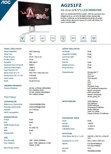 AOC Monitor AGON AG251FZ - 25" Full HD, 240Hz, 1ms, TN, FreeSync Premium, 1920x1080, 400 cd/m, D-SUB, DVI, HDMI 2x2.0, Displayport 1x1.2
