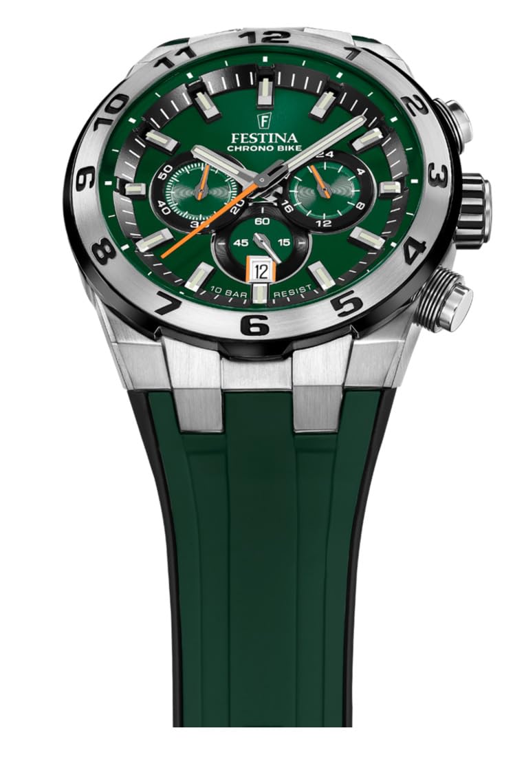 Festina Reloj Hombre F20671/2 Chrono Bike Caja de Acero Inoxidable 316l Plateado Correa de Caucho Verde