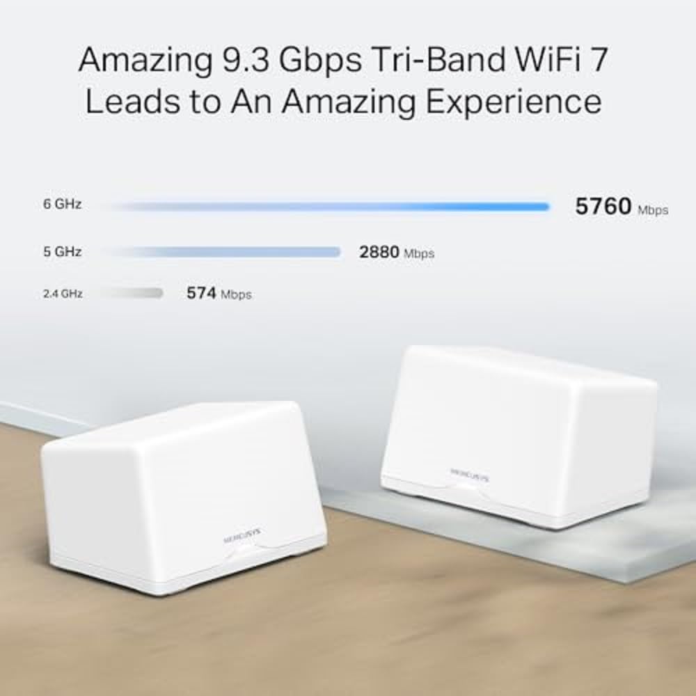 【Nuevo Wi-Fi7】 Mercusys Halo H47BE(2-Pack) - BE9300 Tri-Band Wi-Fi Mesh 7, hasta 9.3 Gbps, Cobertura de hasta 550 m², 3X 2.5G Puertos, fácil config de App | Conecta más de 200 Dispositivos