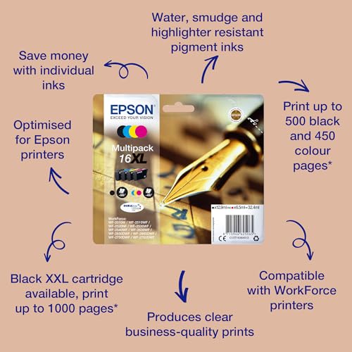 Epson C13T16364012 - Cartucho de tinta estándar, 4 Mutipack, Black/Yellow/Magenta/Cyan, Ya disponible en Amazon Dash Replenishment, XL-High Capacity