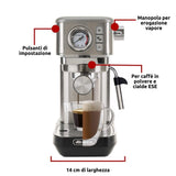 Ariete Espresso Slim Metal 1381, cafetera con manómetro, compatible con café en polvo y monodosis ESE, 15 bares máximos, filtro 1 o 2 tazas, lanza para capuchino, 1300 W, color plateado