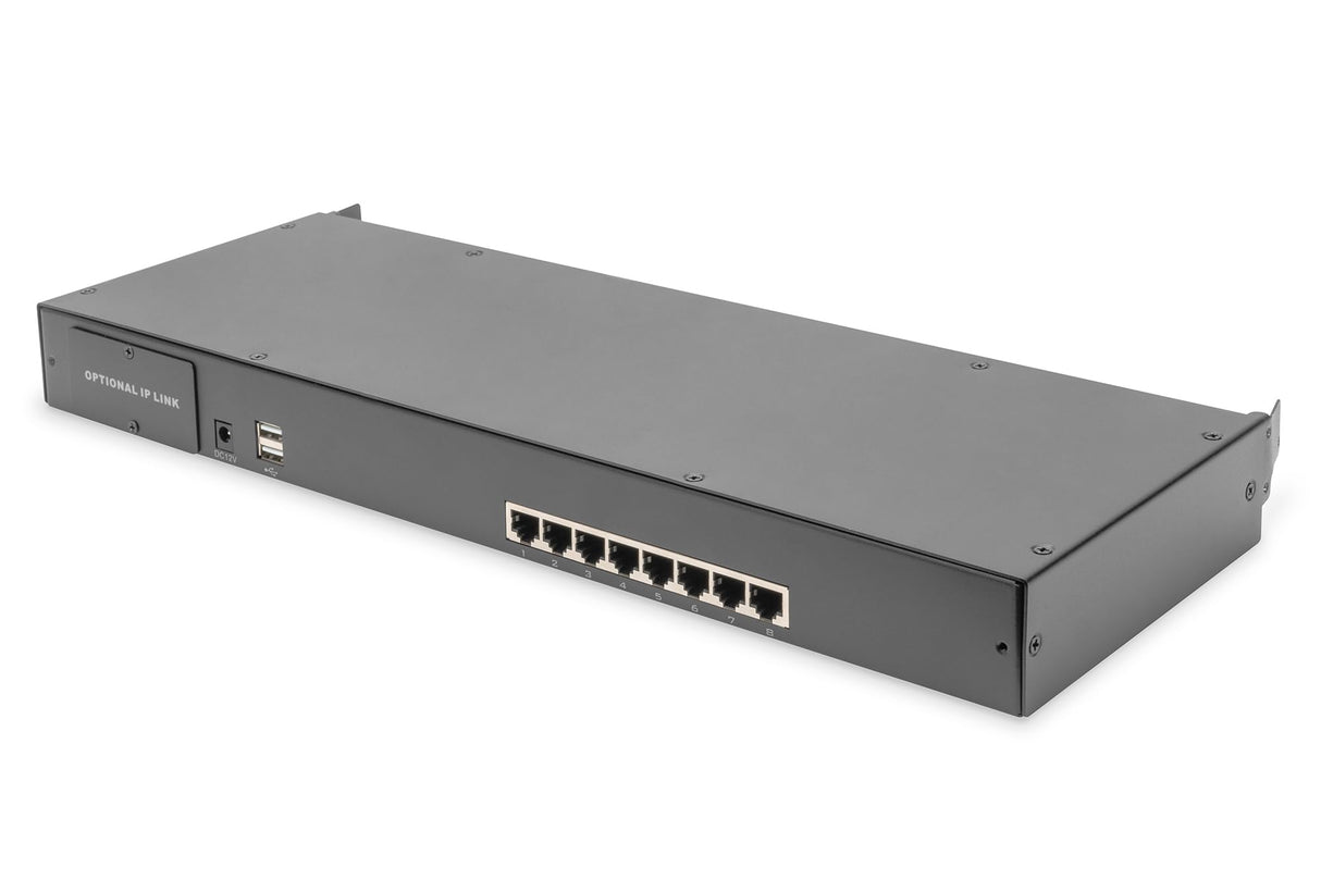 DIGITUS Consola KVM 19" - FullHD - Conmutador de 8 puertos Cat 5 - Teclado GE - para armarios de servidor y red de 19 pulgadas - negro