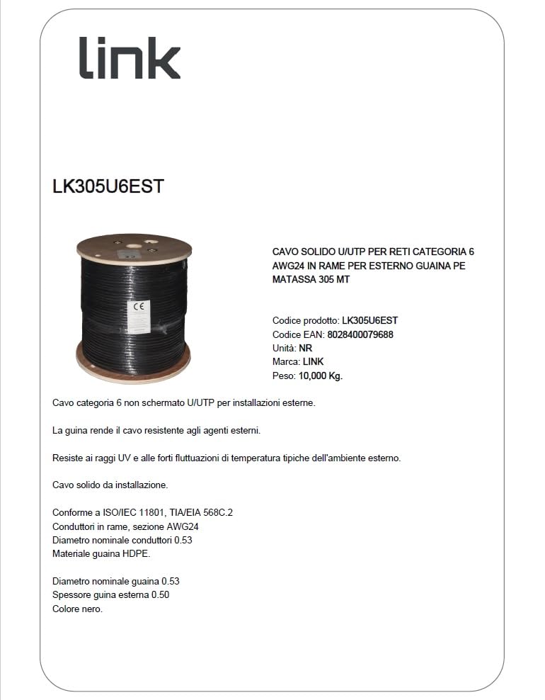 LINK LK305U6EST - Cable sólido UTP para Redes categoría 6 LSZH AWG24 de Cobre para Exterior Bobina MT 305 Vaina PE