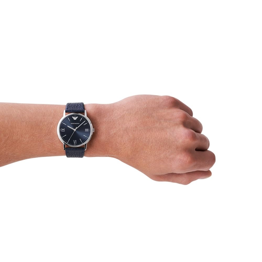 Emporio Armani Reloj para hombre, movimiento de tres manecillas, caja de acero inoxidable plateado de 41 mm con correa de piel, AR11012, Tono azul y plateado