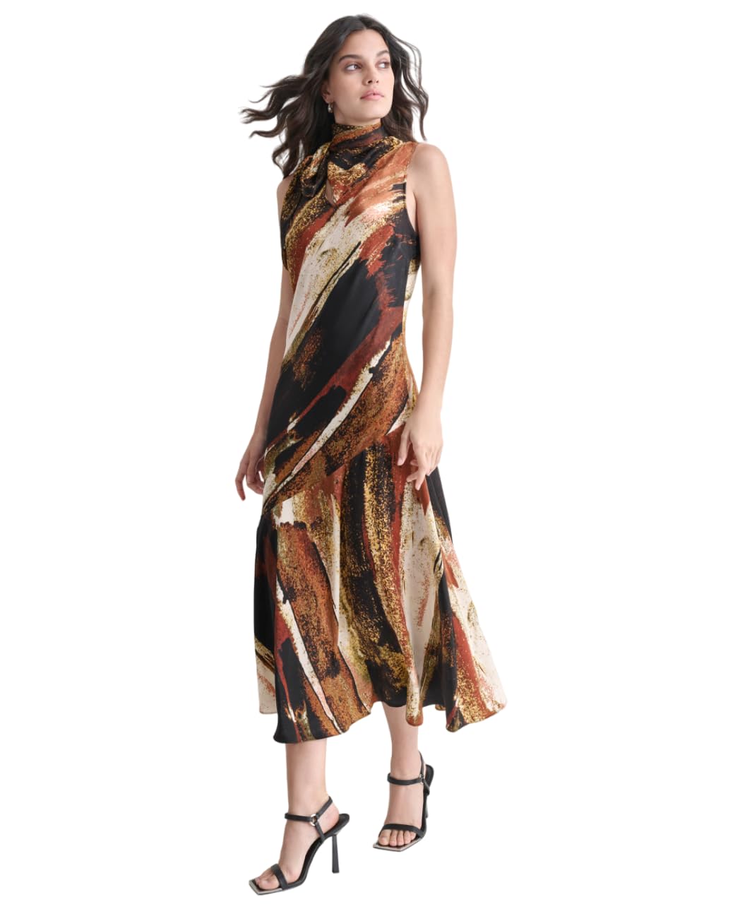DKNY Sleeveless Printed Tie Neck Dress Vestido, Paint Stroke, XL Mujeres