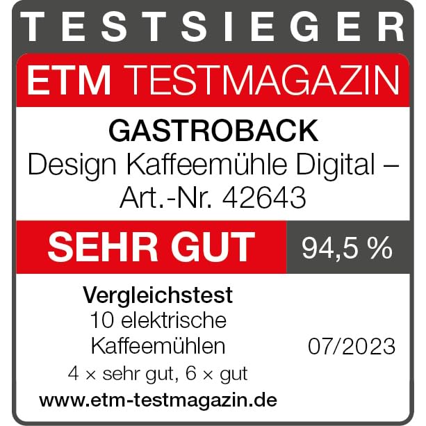 GASTROBACK Molinillo de café digital de diseño #42643, 31 ajustes de grado de molienda de fino a grueso, 2 modos automáticos: molienda directa en el portafiltros o en el depósito, plata/negro