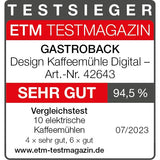 GASTROBACK Molinillo de café digital de diseño #42643, 31 ajustes de grado de molienda de fino a grueso, 2 modos automáticos: molienda directa en el portafiltros o en el depósito, plata/negro