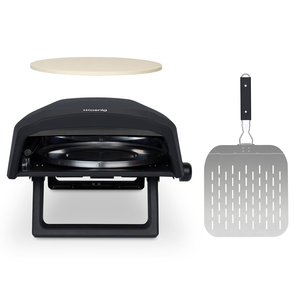 H.Koenig Horno de pizza a gas GINO640, acero inoxidable, 32 cm, superficie giratoria 360 grados, piedra Cordierite, hasta 500°C, pies plegables, pala para pizza y regulador