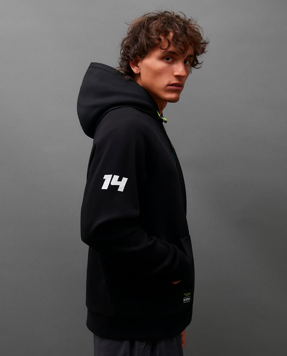 KIMOA - Sudadera Aston Martin F1 2024 Fernando Alonso - Sudadera Hombre con Capucha, Sudadera Cremallera Hombre - XS - Negra - Tejido Reciclado