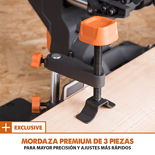 Evolution Sierra ingletadora deslizante de 185 mm (R185SMS+) de Evolution con corte multimaterial; bisel de 45°, inglete de 50°; guía láser. Incluye hoja multiusos