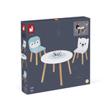 Janod - Mesa y 2 sillas de madera con forma de témpano - Mesa infantil redonda con portalápices extraíble - 1 silla con forma de oso polar y 1 silla con forma de pingüino - A Partir de 3 años, J09650
