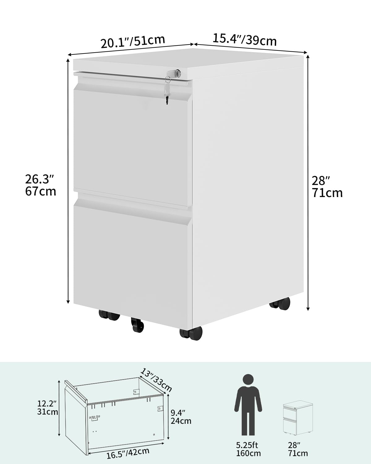 YITAHOME Archivador móvil con 2 cajones con cerradura, archivador antivuelco con rueda para oficina en casa, blanco, 51x39x71 cm