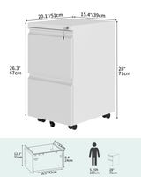 YITAHOME Archivador móvil con 2 cajones con cerradura, archivador antivuelco con rueda para oficina en casa, blanco, 51x39x71 cm