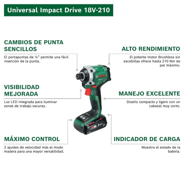 Bosch 18V System atornillador de impacto a batería UniversalImpactDrive 18V-210 (potente y compacto para madera; batería PBA 18V 2.0Ah W-BM, cargador AL18V-20, estuche de transporte incl.)